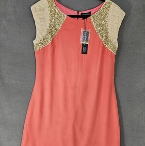 NWT London Womens Sequined Beaded Sleeveless Dress Pink Beige Mini Size 10